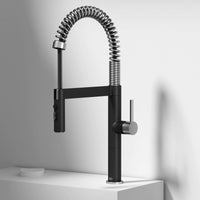 Edison Pro Pull-Down Spray Kitchen Faucet in stainless steel with matte black accents and high-arc spring neck