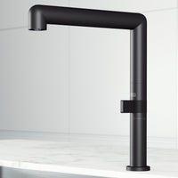 Matte black single handle kitchen faucet with high-arc gooseneck spout and lever handle