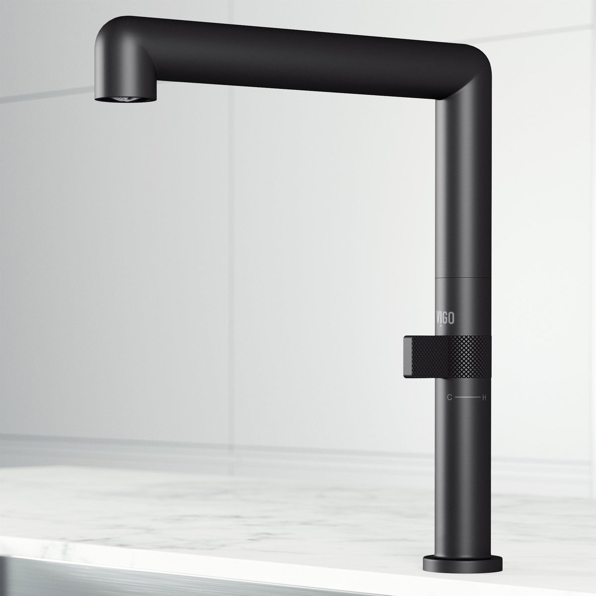Matte black single handle kitchen faucet with high-arc gooseneck spout and lever handle