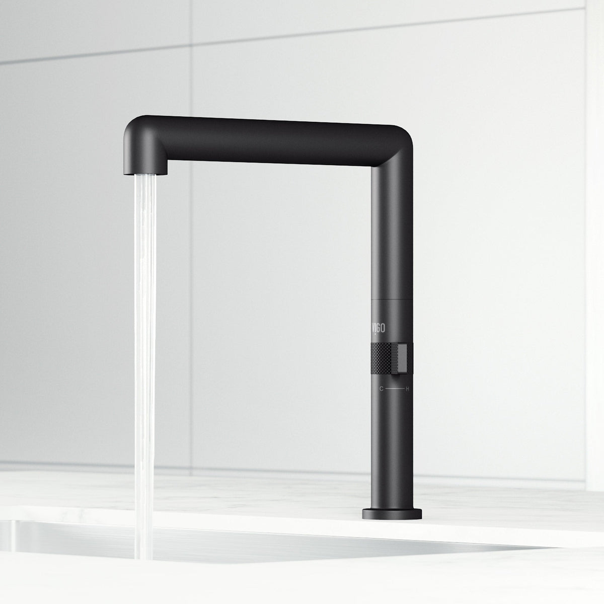 Modern deck-mounted kitchen bar faucet in matte black with 360-degree swivel spout