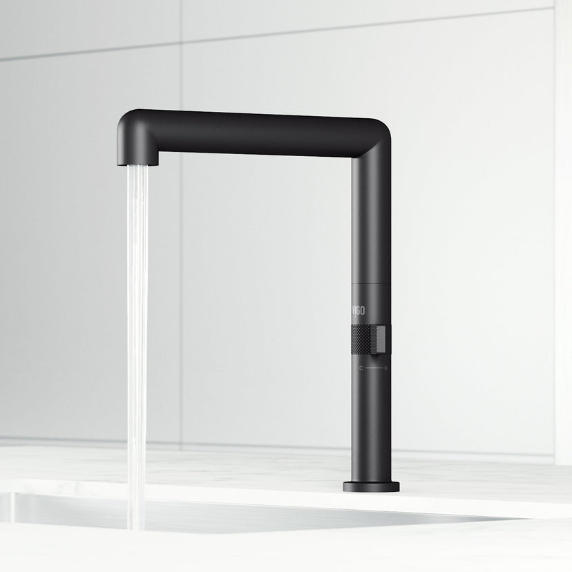 Modern deck-mounted kitchen bar faucet in matte black with 360-degree swivel spout