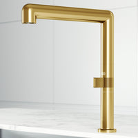 Matte brushed gold single handle kitchen faucet with high-arc gooseneck spout