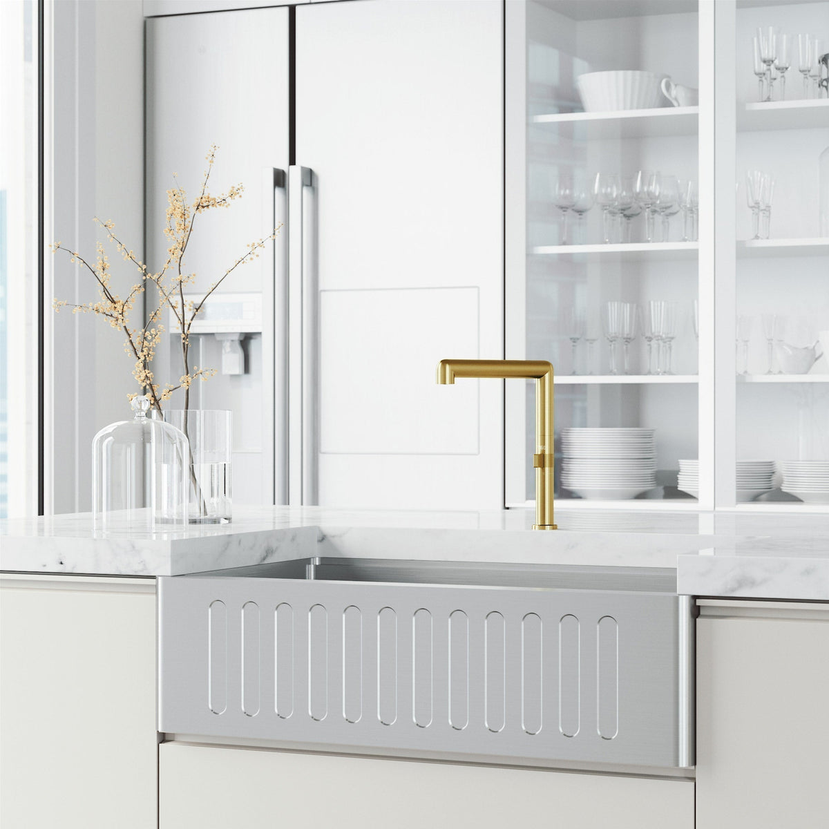 Matte brushed gold kitchen faucet with included hose and mounting materials