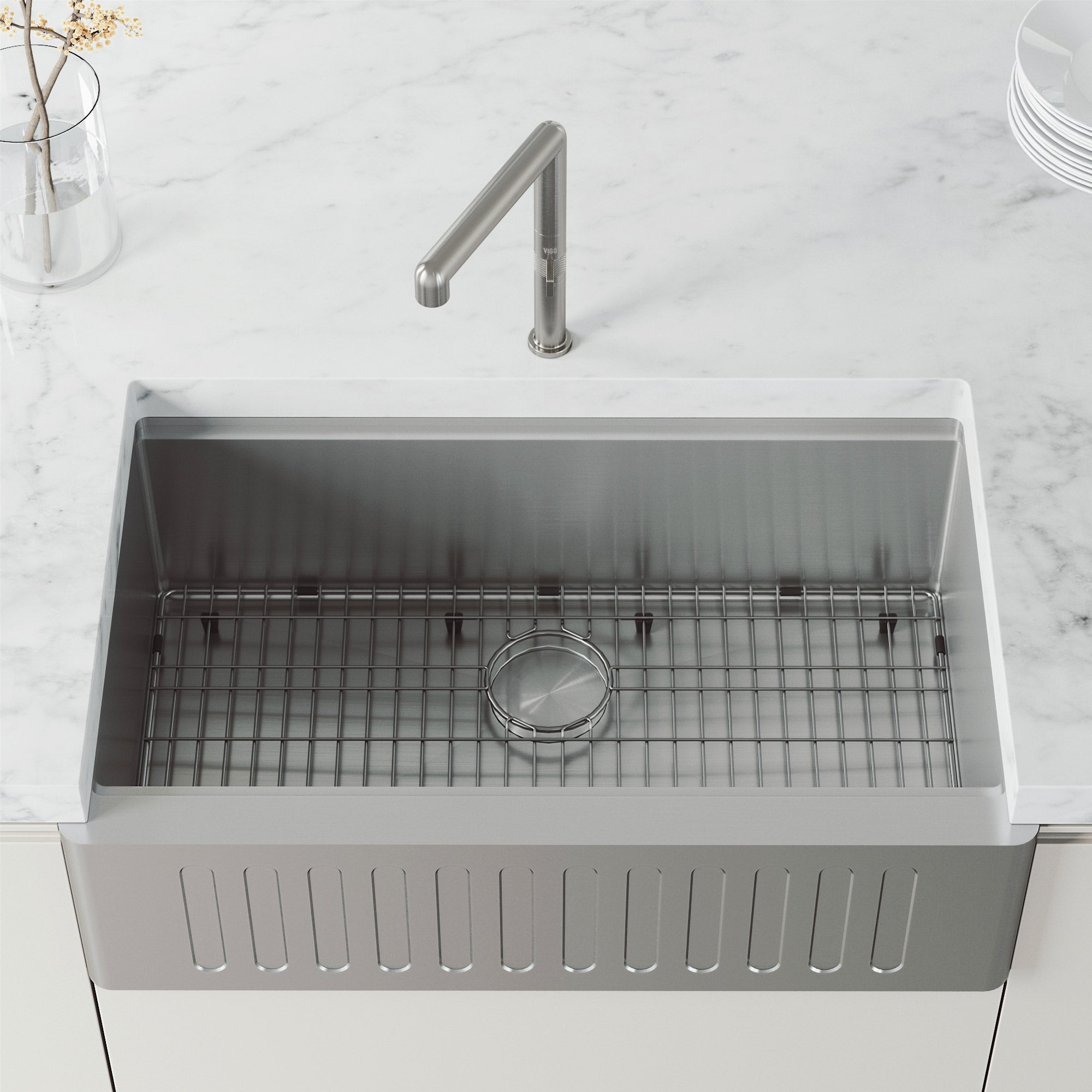 Deck-mounted brass faucet with gooseneck spout and 11-inch assembled height