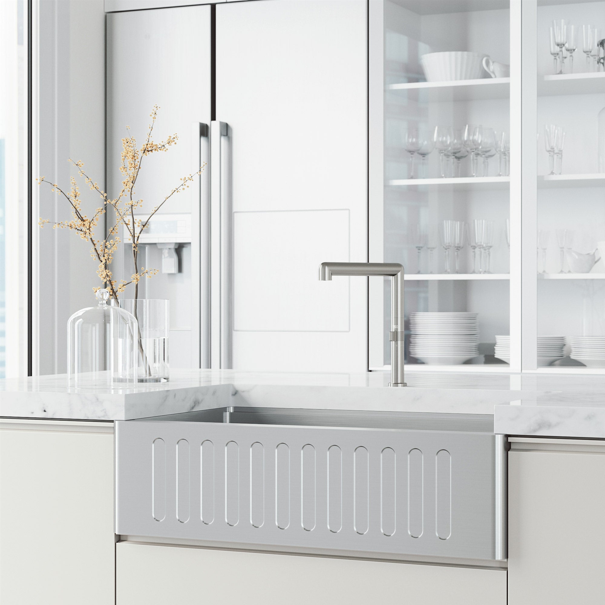 Stainless steel kitchen faucet with included hose and mounting materials