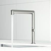 Modern deck-mounted kitchen bar faucet in stainless steel with swivel spout