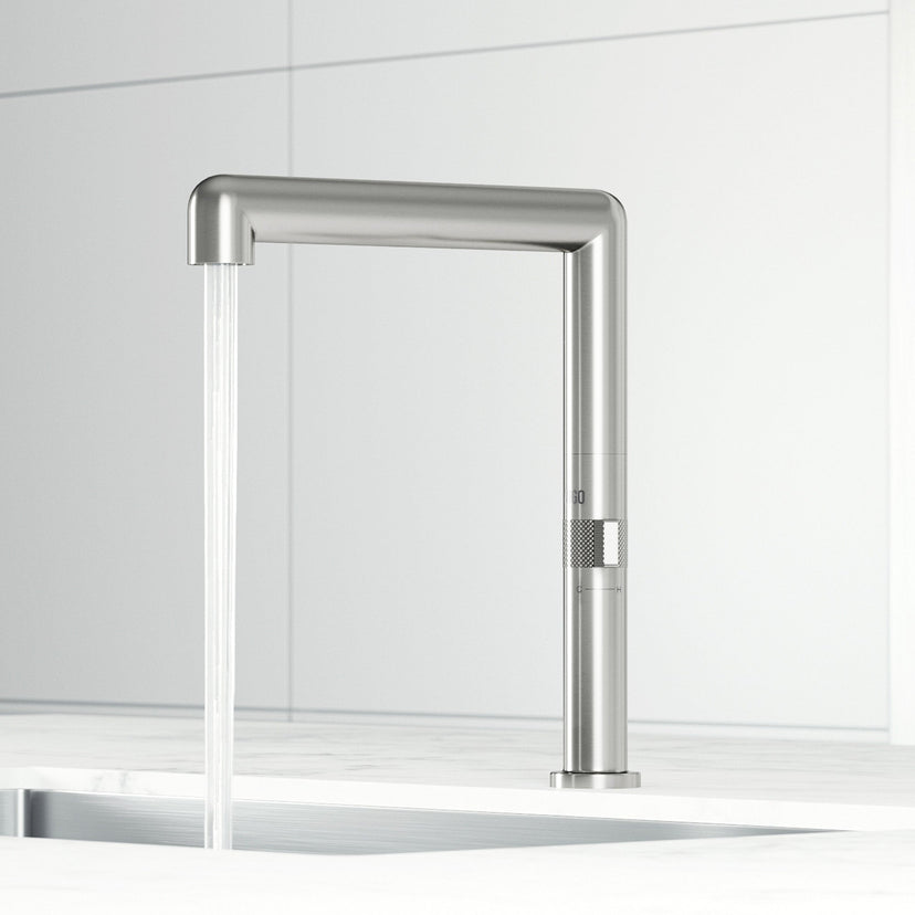Modern deck-mounted kitchen bar faucet in stainless steel with swivel spout