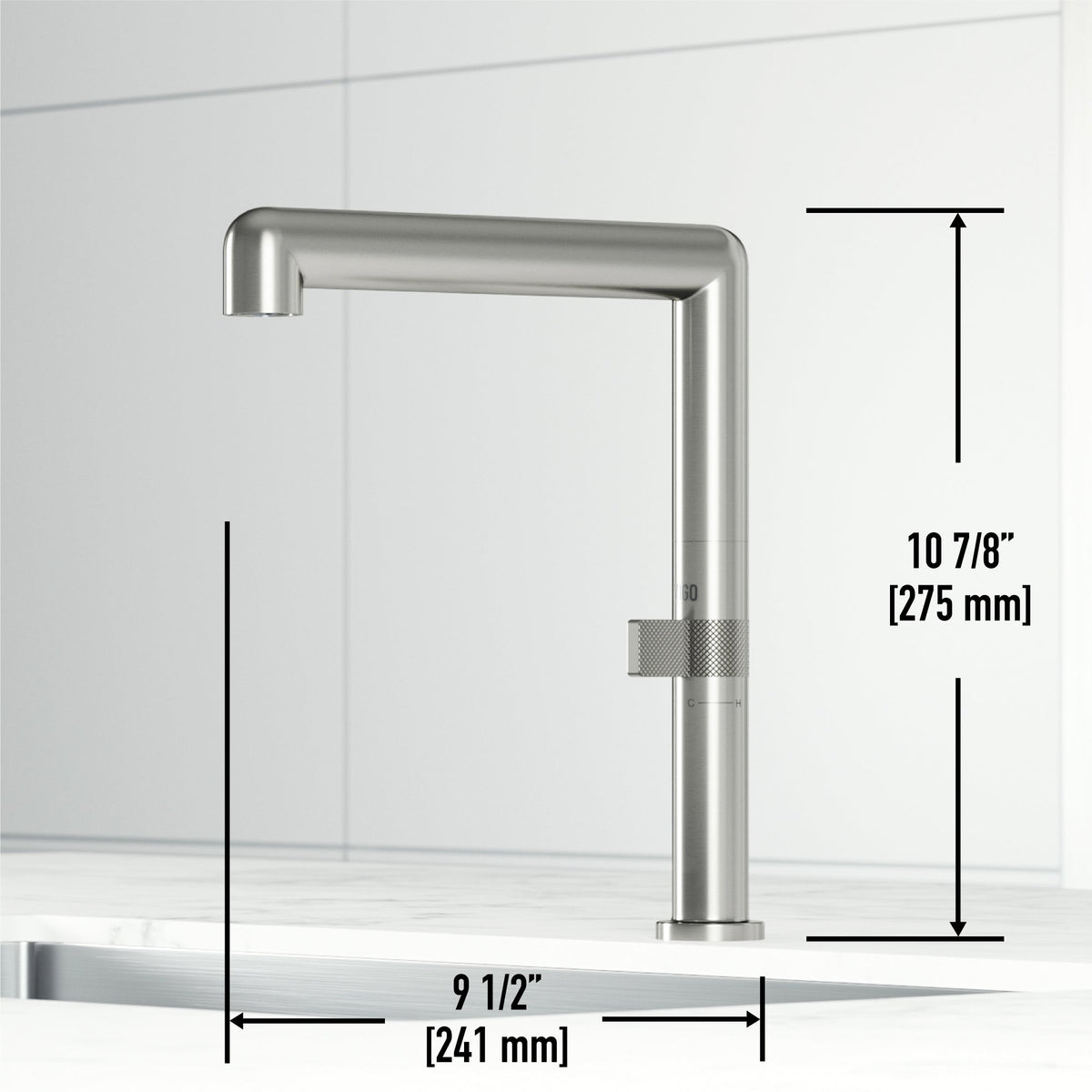 Brass kitchen faucet with ceramic disc cartridge and stainless steel finish. VIGO Jewel