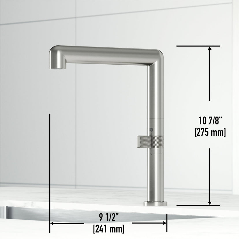 Brass kitchen faucet with ceramic disc cartridge and stainless steel finish. VIGO Jewel