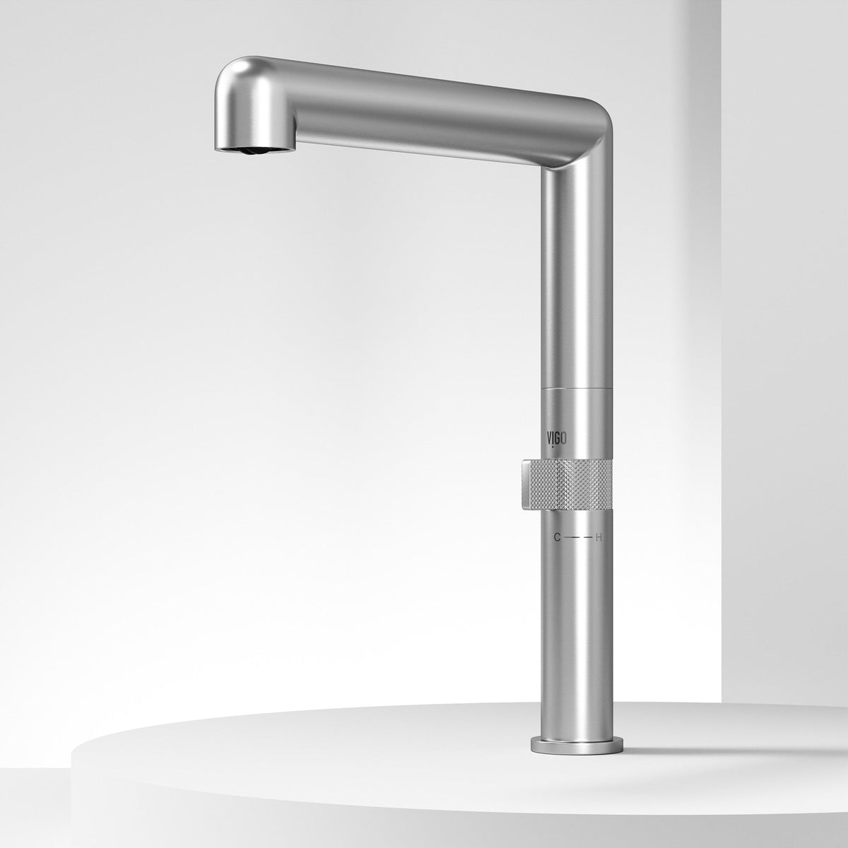 Contemporary kitchen faucet with 360-degree spout swivel and stainless steel style