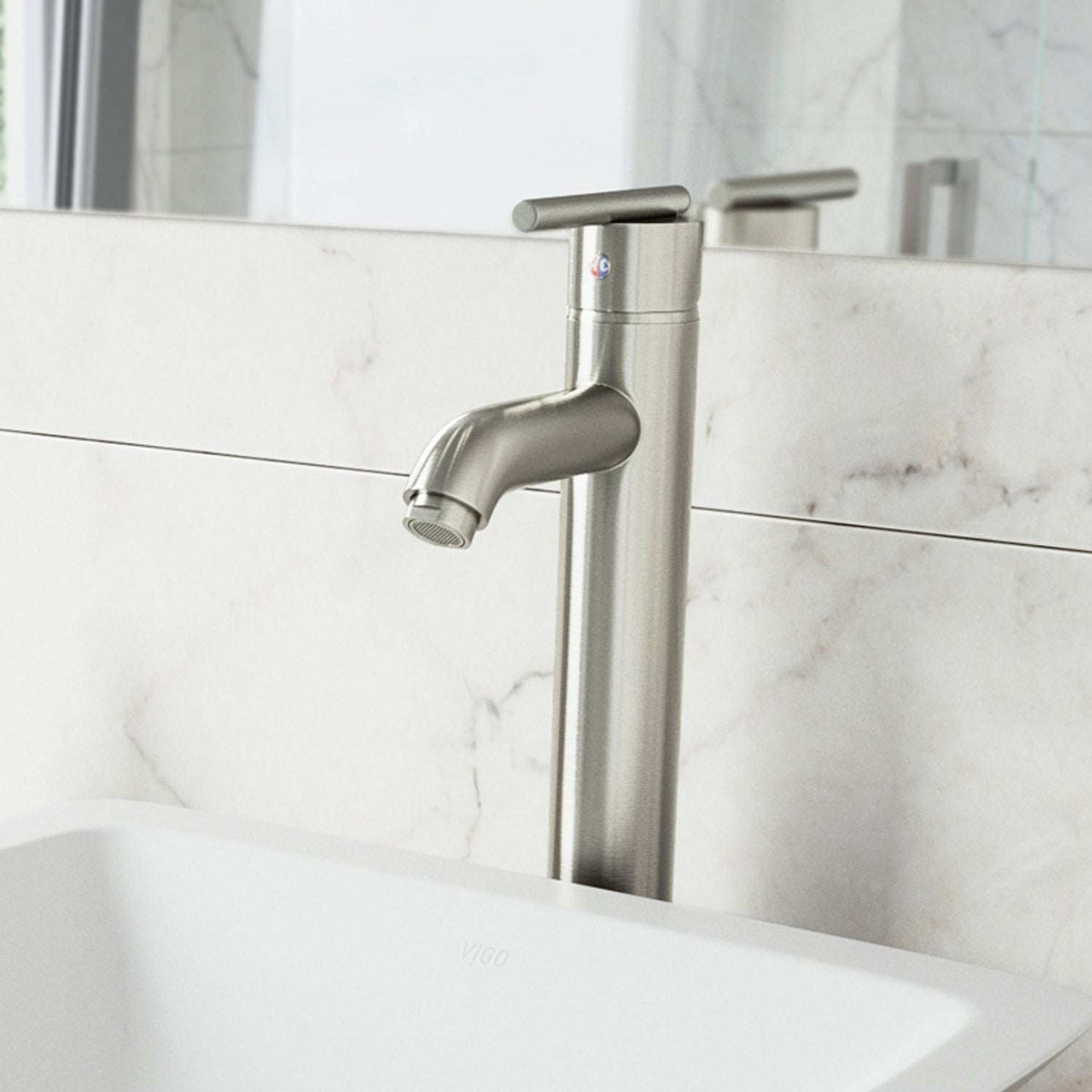 Brushed nickel vessel faucet with high arc spout and lever handle