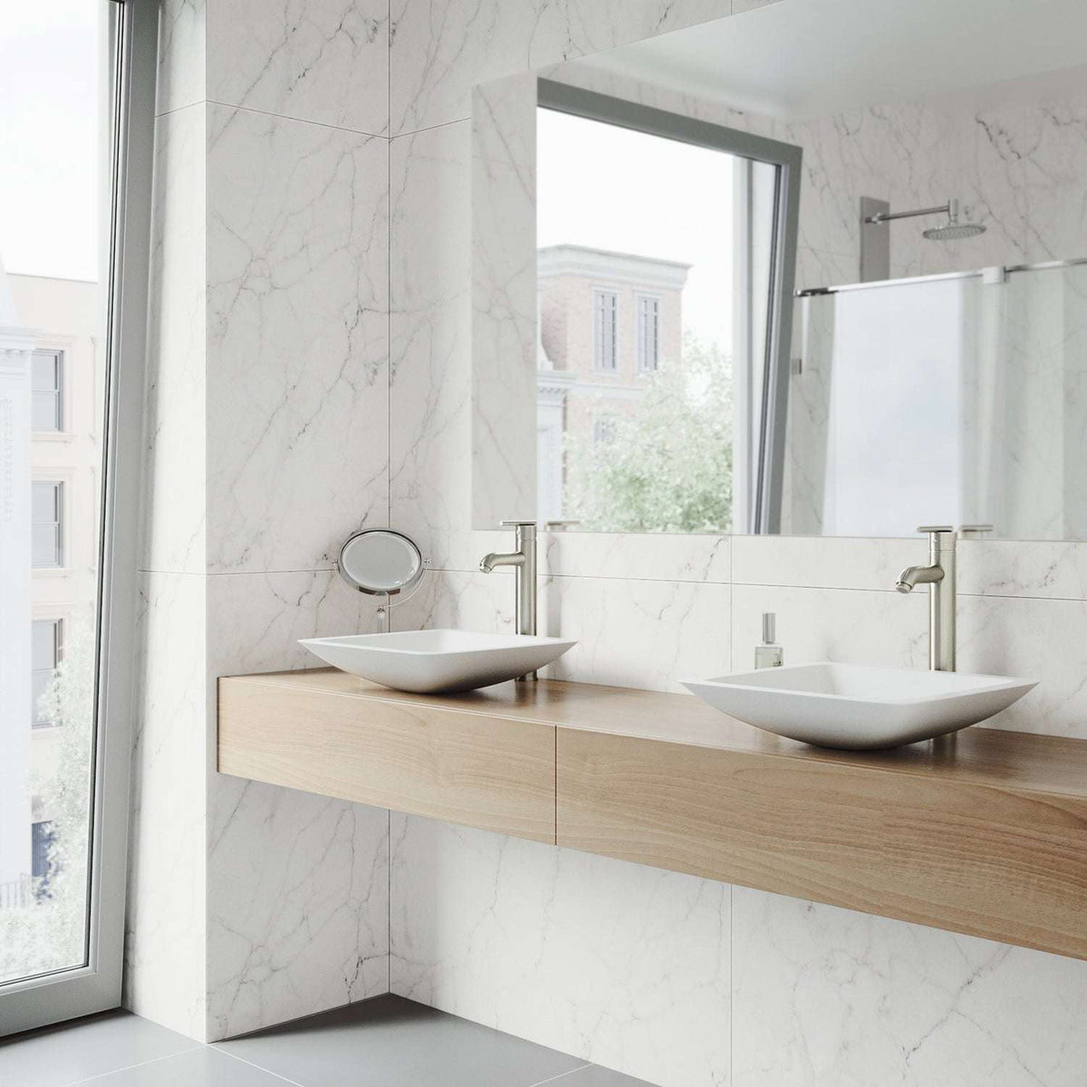 High arc spout vessel faucet with hot/cold indicators and compression connection