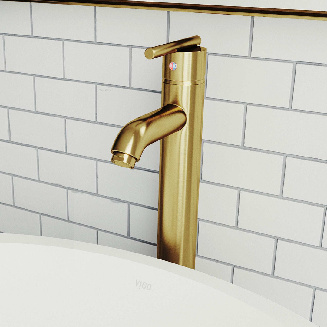 Matte brushed gold vessel faucet with high arc spout and lever handle