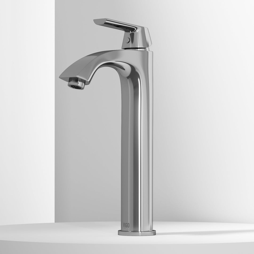 Contemporary vessel filler with built-in water filter and lever handle