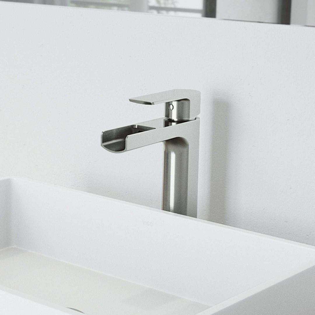 Brushed nickel vessel faucet with waterfall spout and lever handle