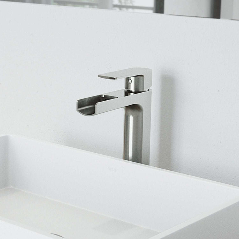 Brushed nickel vessel faucet with waterfall spout and lever handle