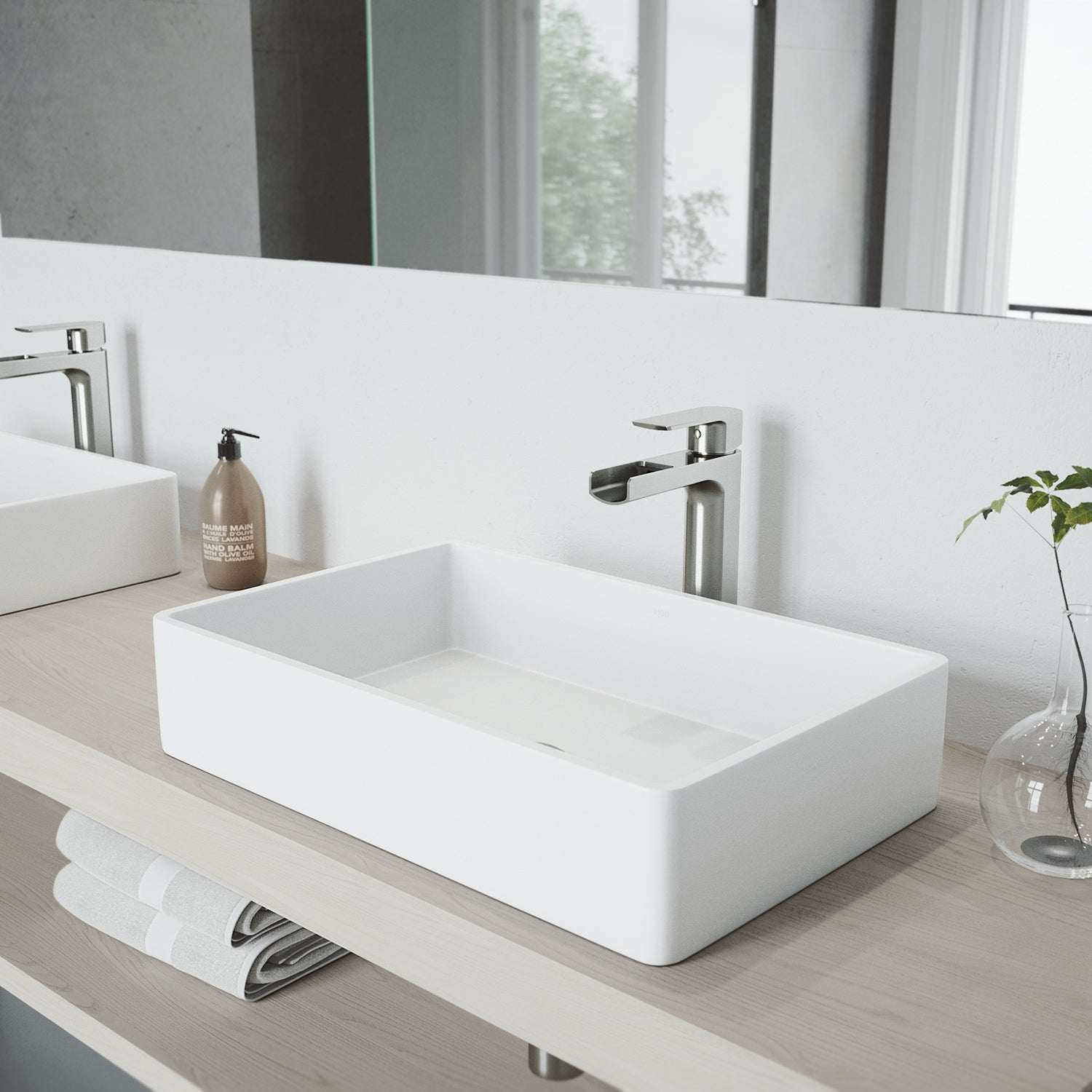 Low flow vessel faucet with fingerprint-resistant brushed nickel finish