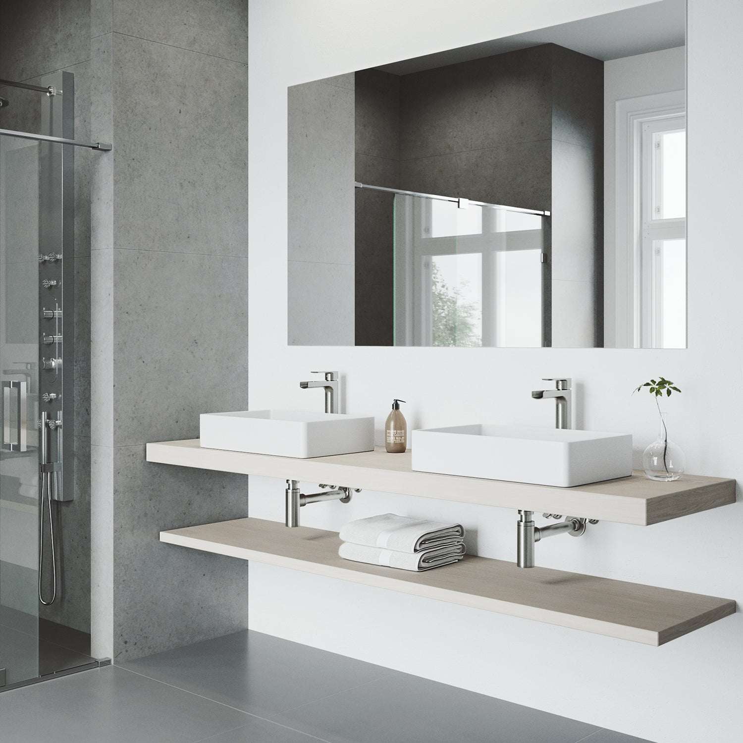 Deck-mounted waterfall faucet with lever handle and included mounting hardware