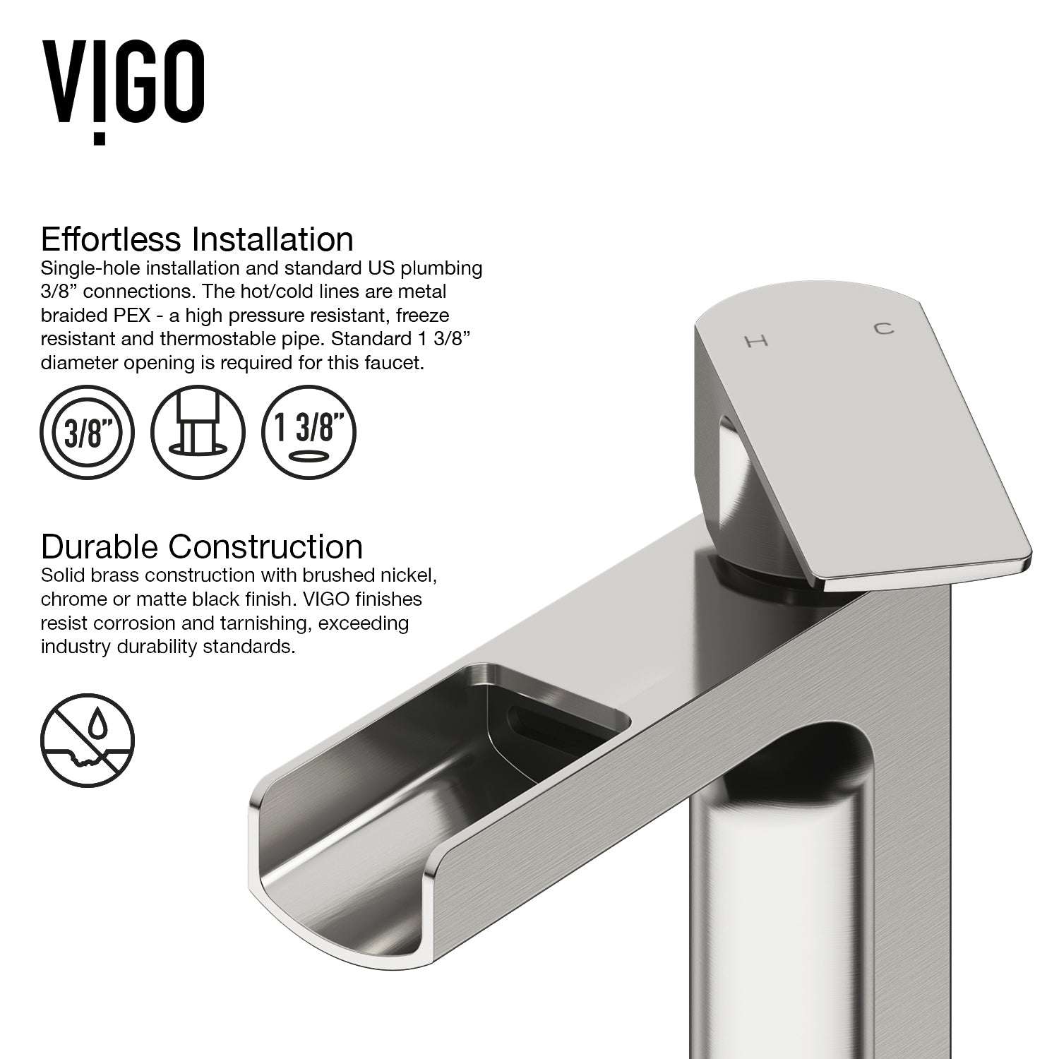 Waterfall spout vessel faucet with hot/cold indicators and low lead design