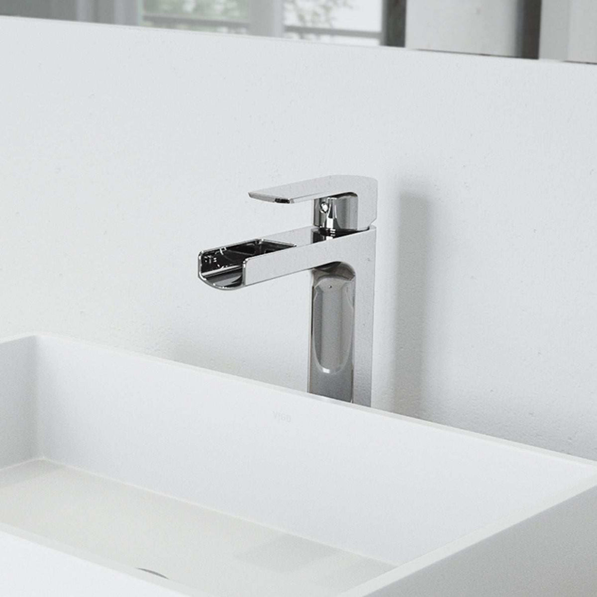 Chrome vessel faucet with high arc waterfall spout and lever handle