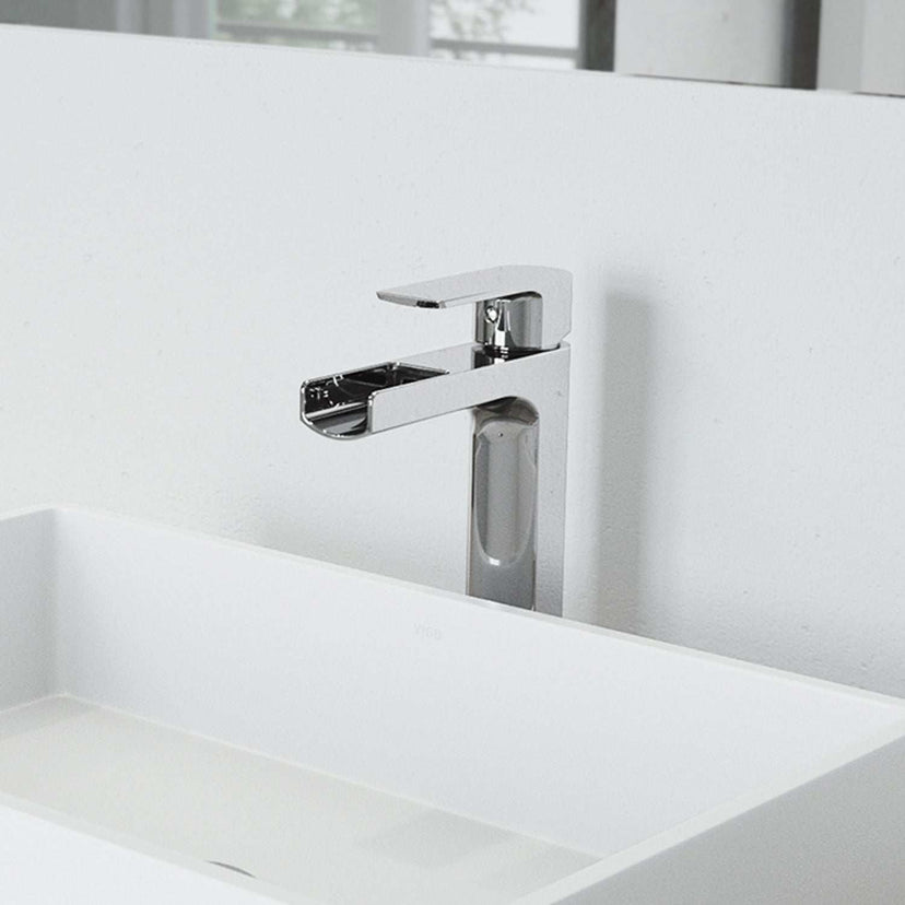 Chrome vessel faucet with high arc waterfall spout and lever handle