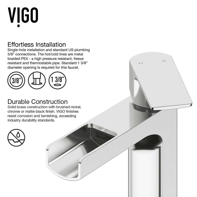 Waterfall spout vessel faucet with hot/cold indicators and NPSM threads