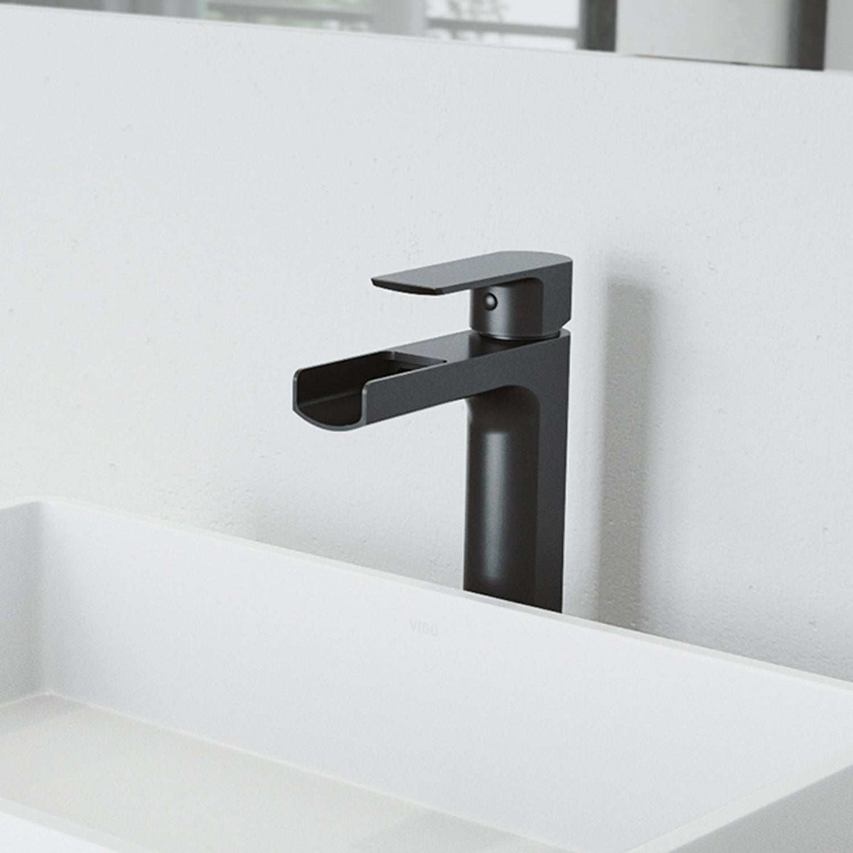 Modern deck-mounted bathroom faucet in matte black finish