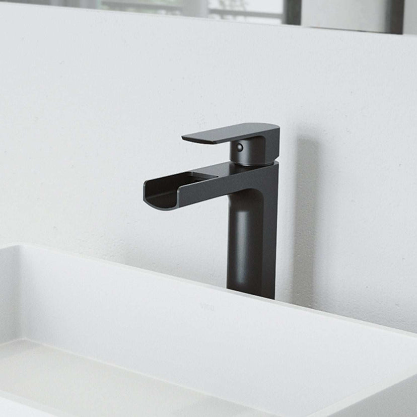 Modern deck-mounted bathroom faucet in matte black finish