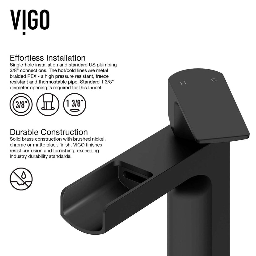 10-inch tall vessel faucet with lever handle and matte black finish