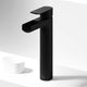 Matte black vessel faucet with waterfall spout and lever handle