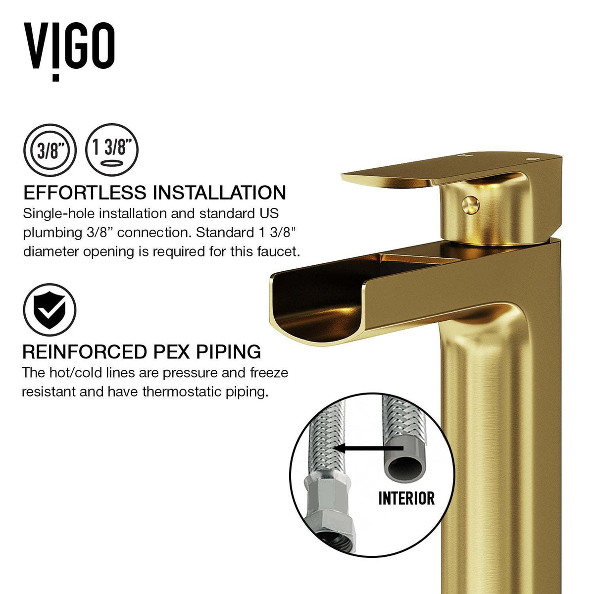 Easy-install matte brushed gold vessel faucet with low flow and tarnish-resistant surface