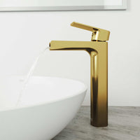Ceramic disc valve vessel filler with matte brushed gold finish and brass hardware