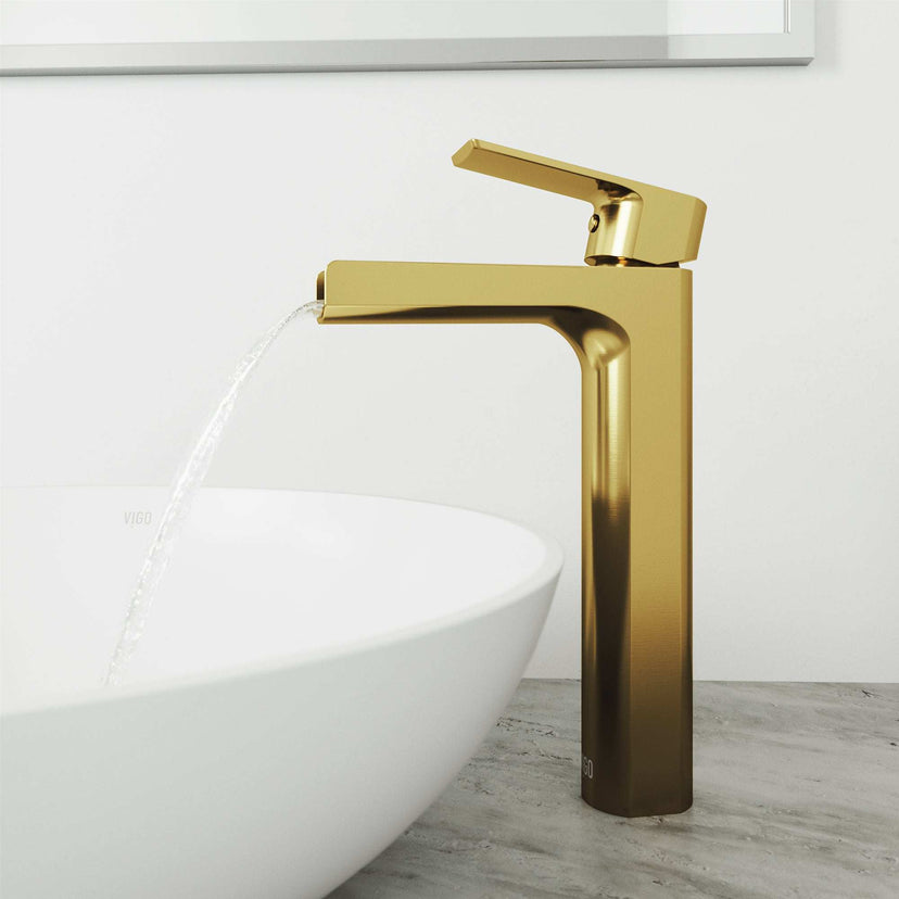 Ceramic disc valve vessel filler with matte brushed gold finish and brass hardware