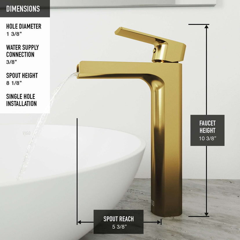Brass vessel filler with matte brushed gold finish and compression connection