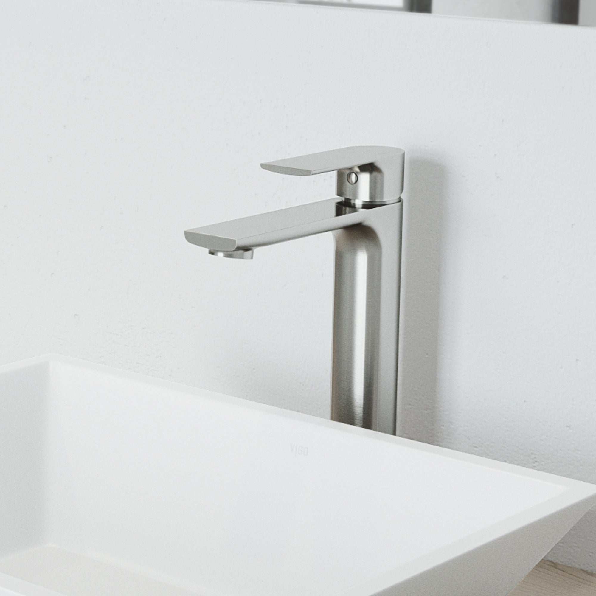 Brushed nickel vessel faucet with high arc spout and lever handle