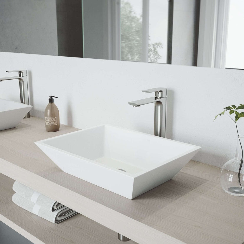 High arc spout bathroom faucet in brushed nickel, modern style