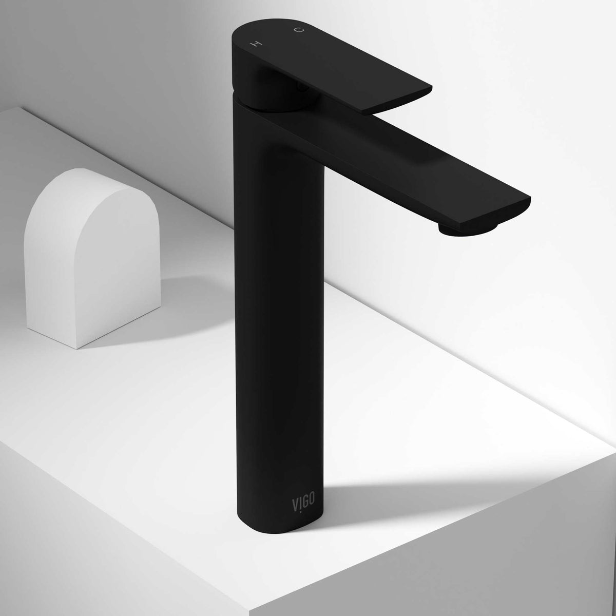 Matte black vessel faucet with high arc spout and lever handle