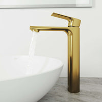High arc spout bathroom faucet in matte brushed gold, modern style