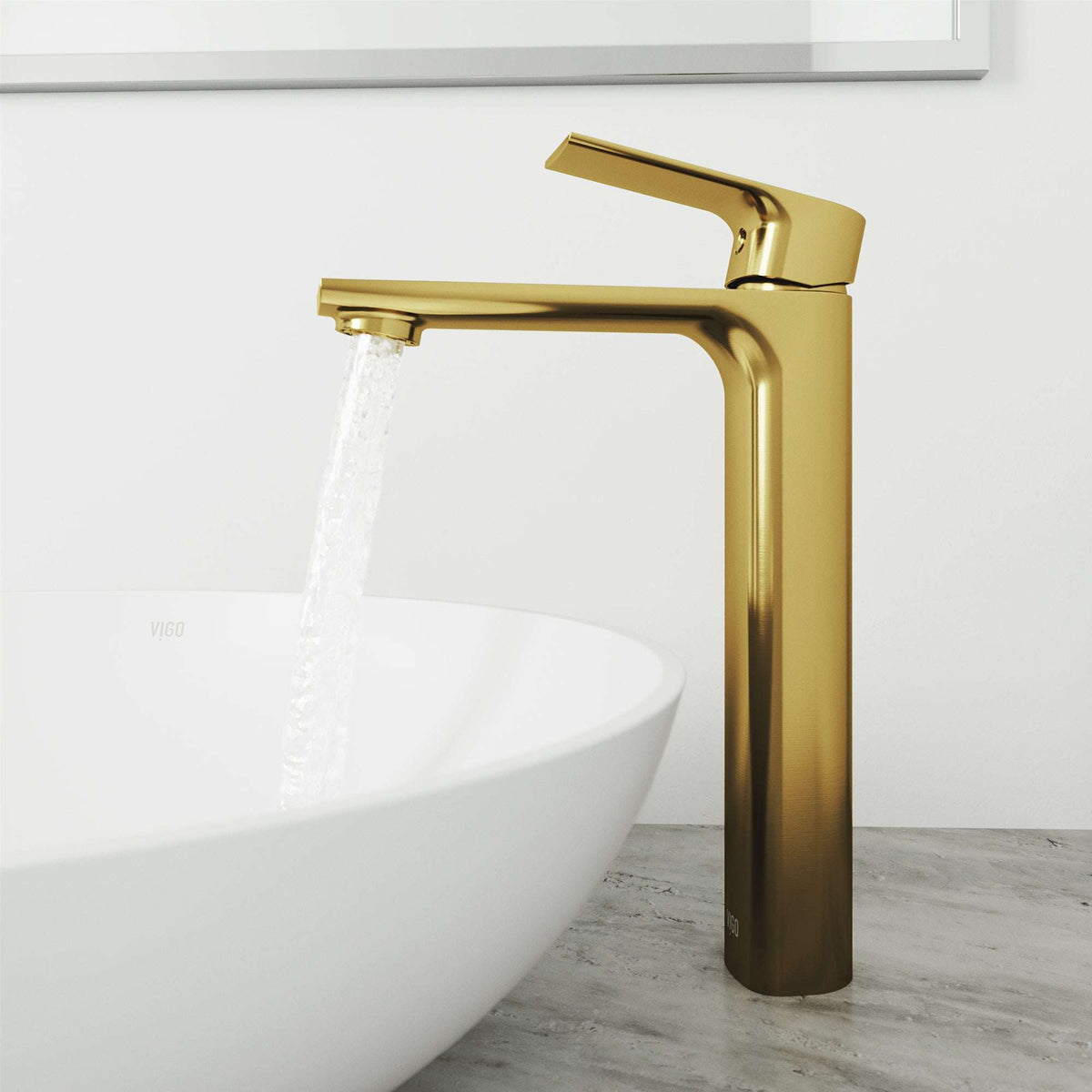 High arc spout bathroom faucet in matte brushed gold, modern style