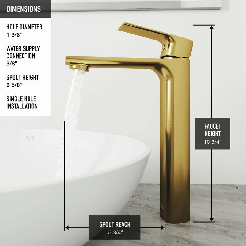 Contemporary vessel filler in matte brushed gold with easy installation features