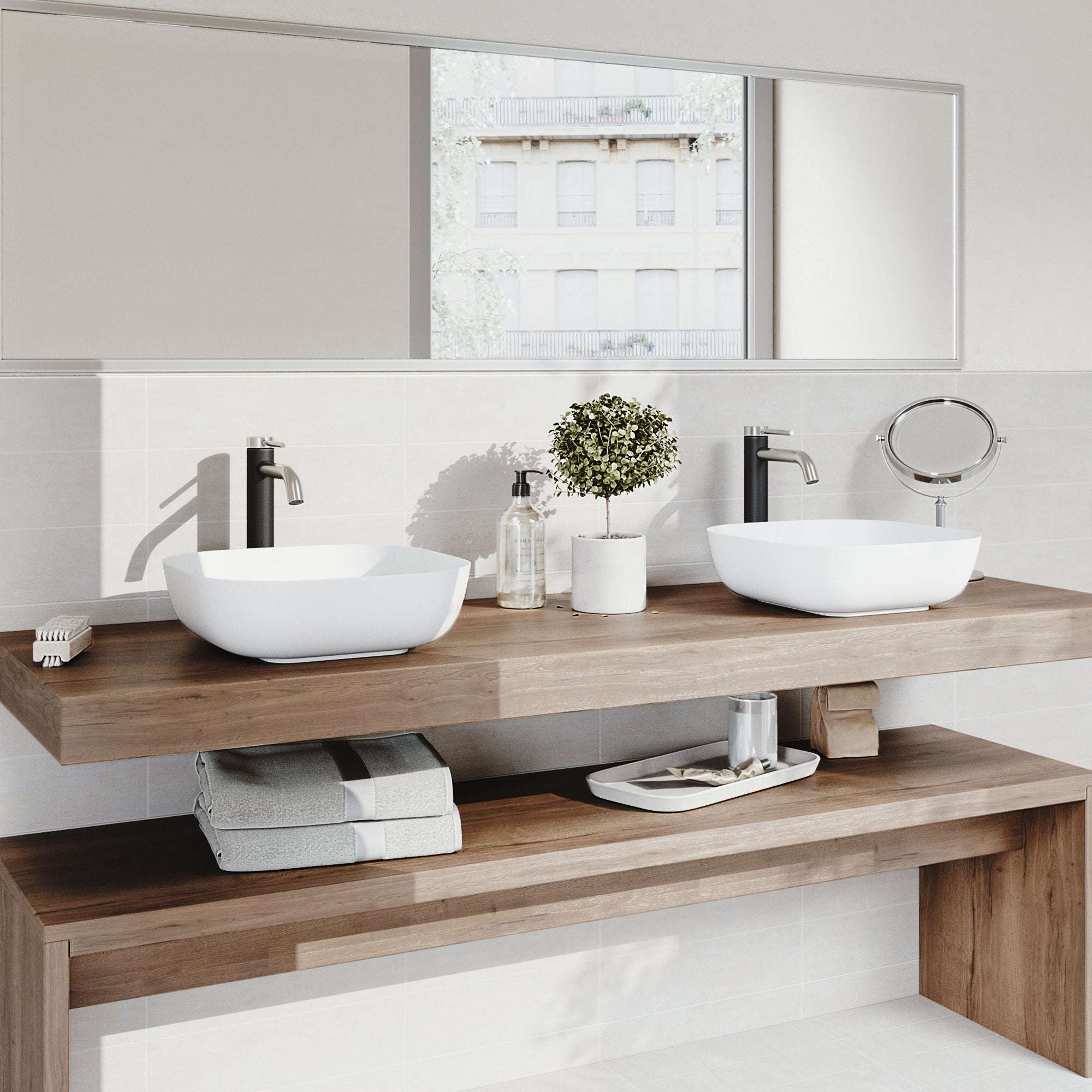 High arc spout faucet in brushed nickel with hot/cold indicators