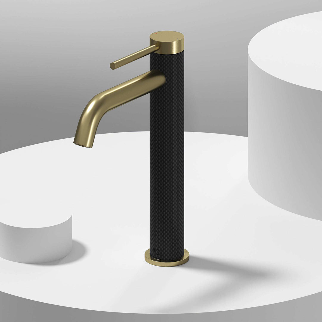 Matte brushed gold vessel filler with ceramic disk valve and lever control