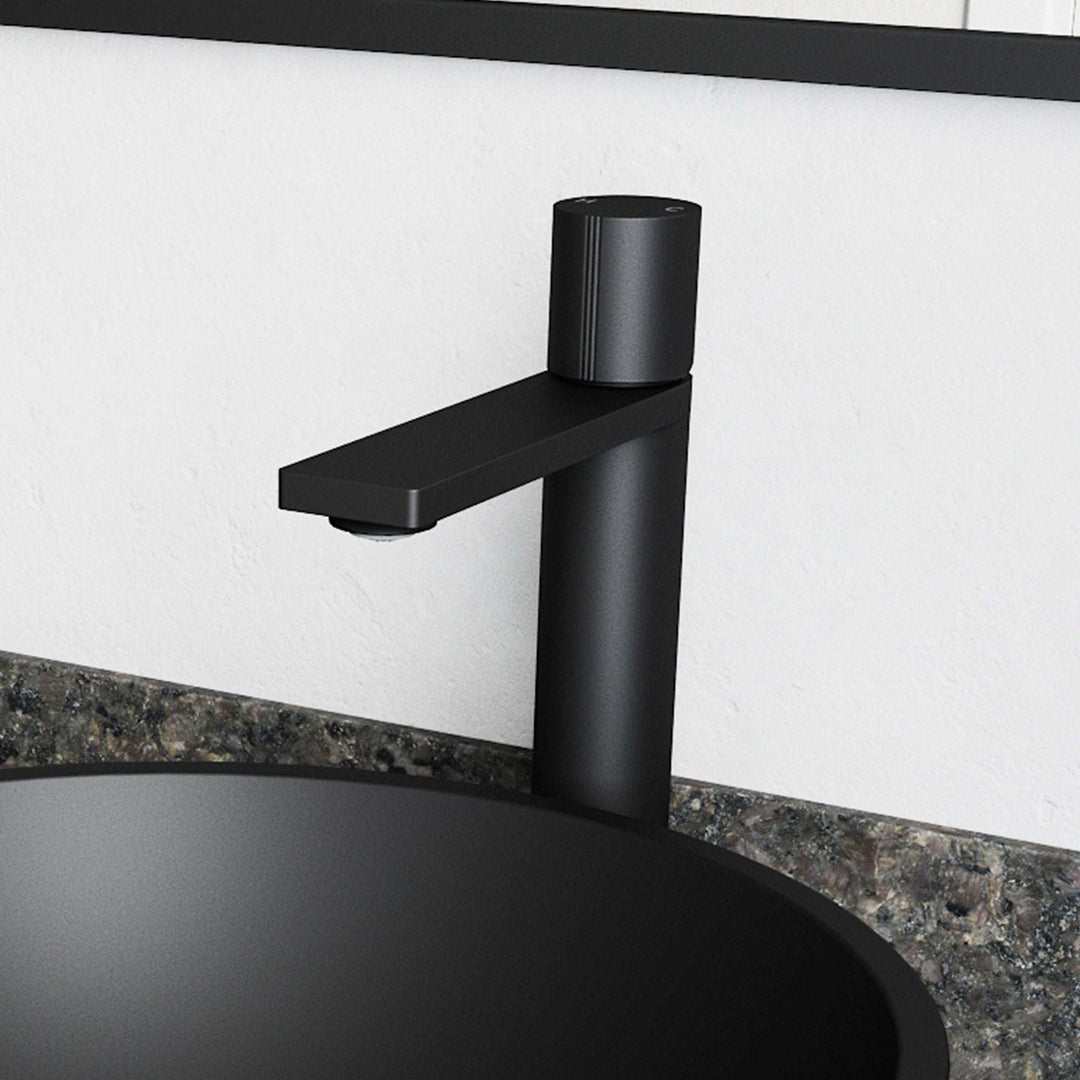 Matte black vessel faucet with high arc spout and lever handle