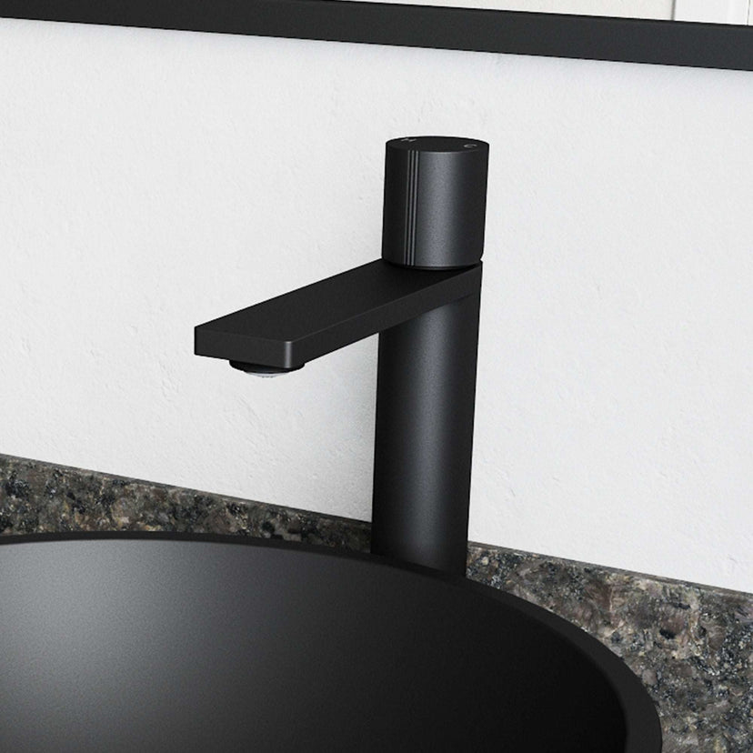 Matte black vessel faucet with high arc spout and lever handle