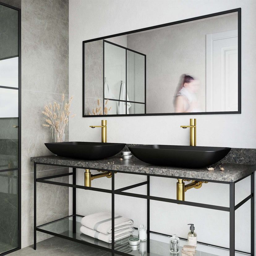 High arc spout faucet in matte brushed gold with hot/cold indicators