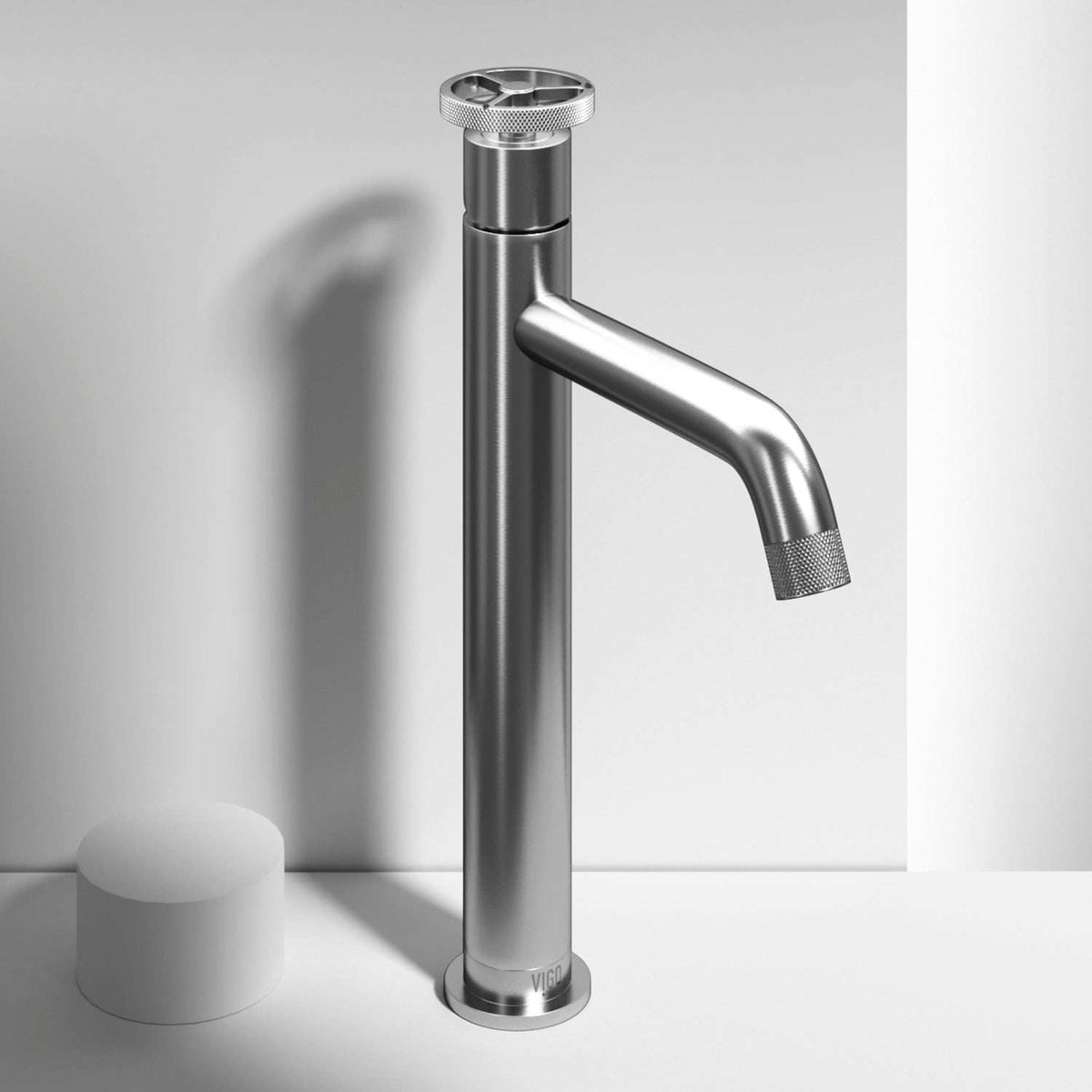 Brushed nickel vessel faucet with high arc spout and ceramic disc valve