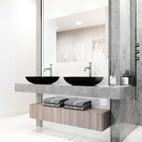 Modern deck-mounted bathroom faucet in brushed nickel finish