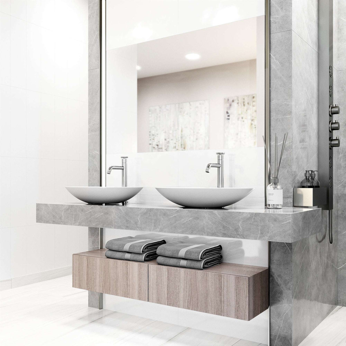 Modern deck-mounted bathroom faucet in chrome finish