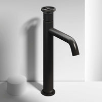 Matte black vessel faucet with high arc spout and ceramic disc valve