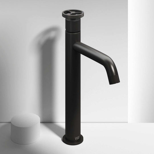 Matte black vessel faucet with high arc spout and ceramic disc valve